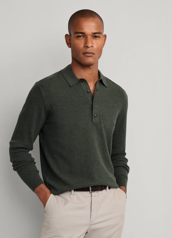 Merino Wool Textured Long Sleeve Knitted Polo