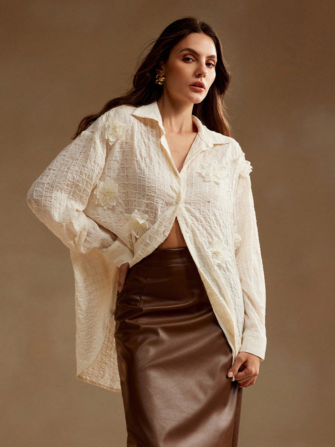 Fashionable Casual Shirt With Pearls And 3D Floral Pattern