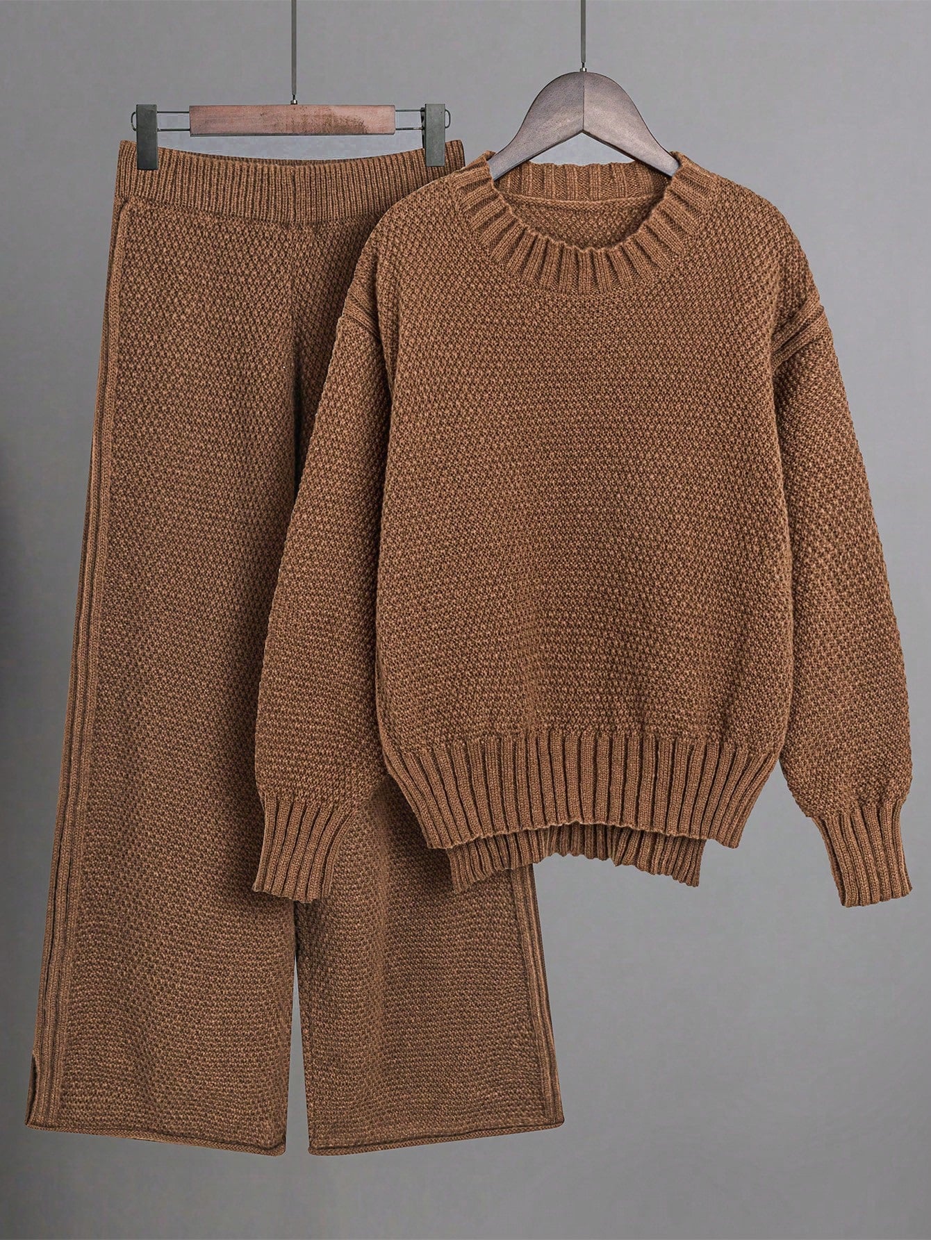 2pcs/Set Solid Color Crew Neck Long Sleeve Top And Pants Casual Outfit Fall Winter Cloth For Women