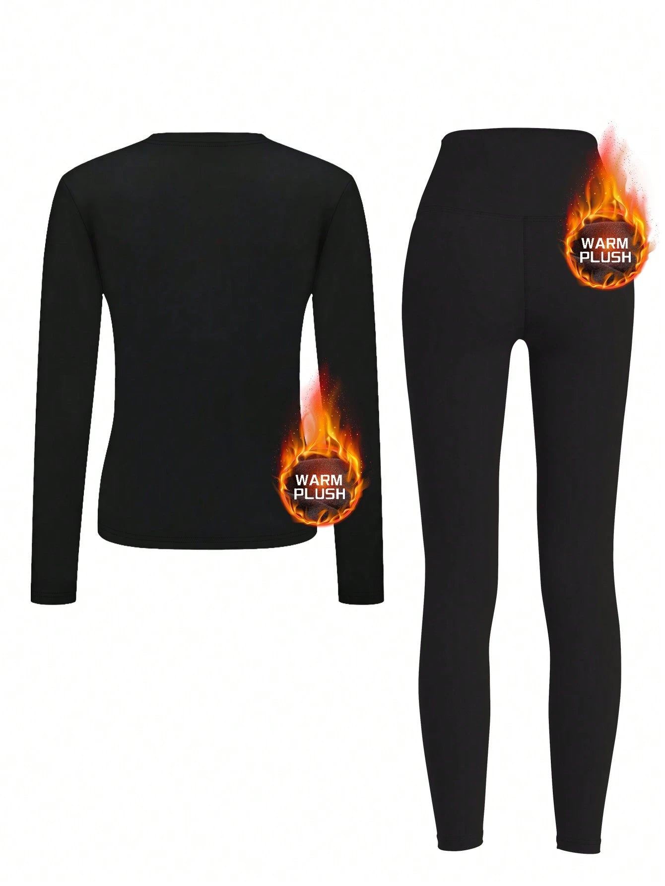Solid Color Women's Fleece Lined Thermal Underwear Set, Winter Tight Ski Yoga Base Layer Set Black