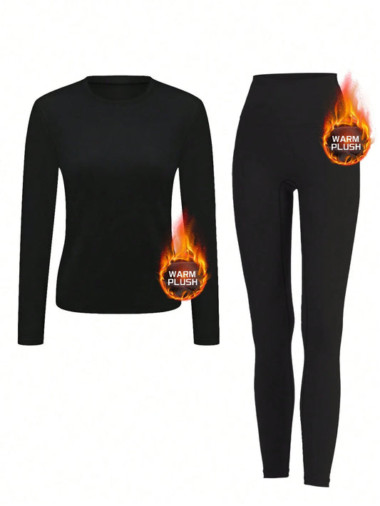 Solid Color Women's Fleece Lined Thermal Underwear Set, Winter Tight Ski Yoga Base Layer Set Black