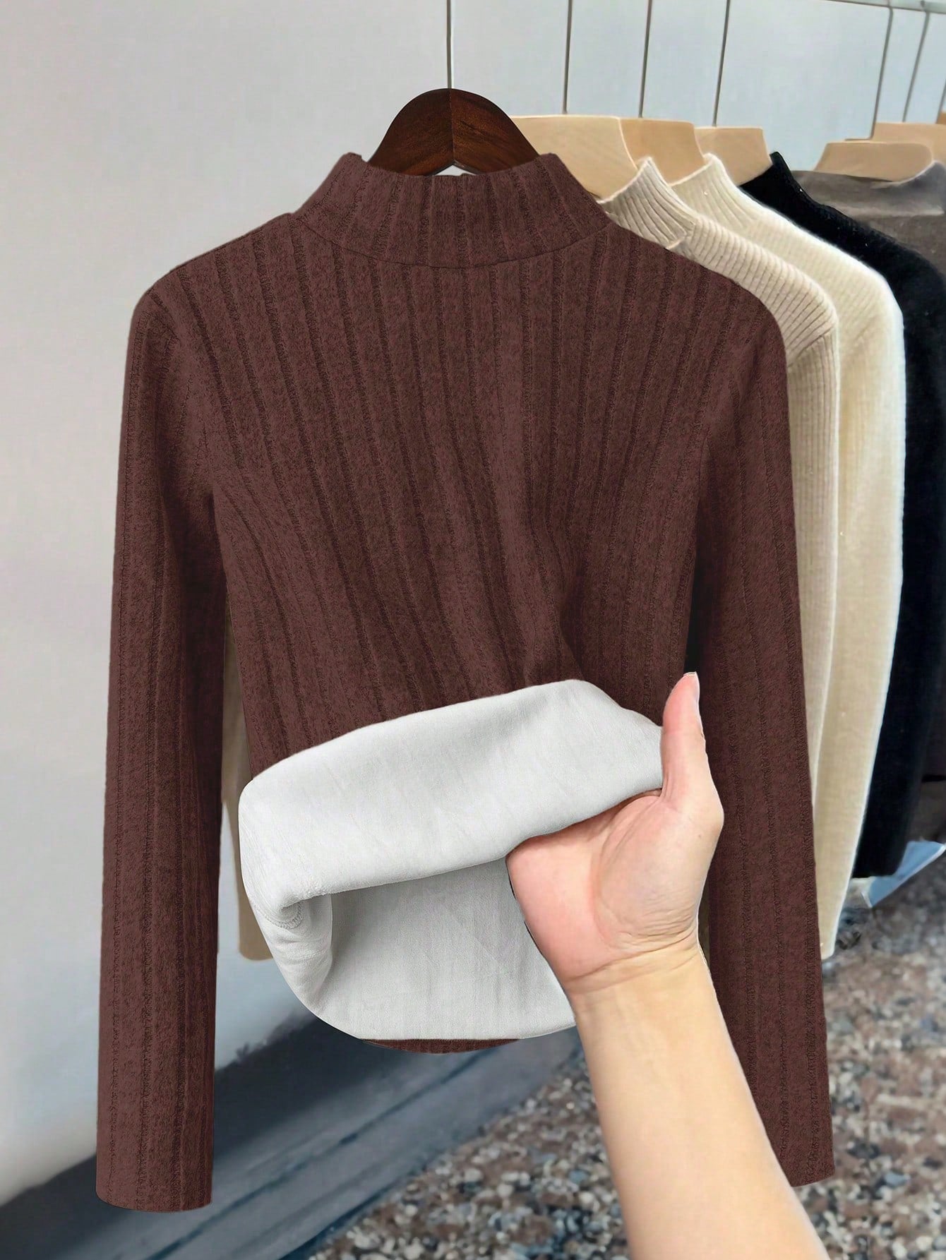 Thermal Lined Slim Fit Women's Casual Mock Neck Long Sleeve T-Shirt