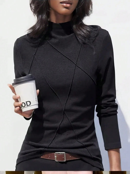 Women's Thicken Fleece Turtleneck Thermal Undershirt, Stylish Splice Rib Knit Design