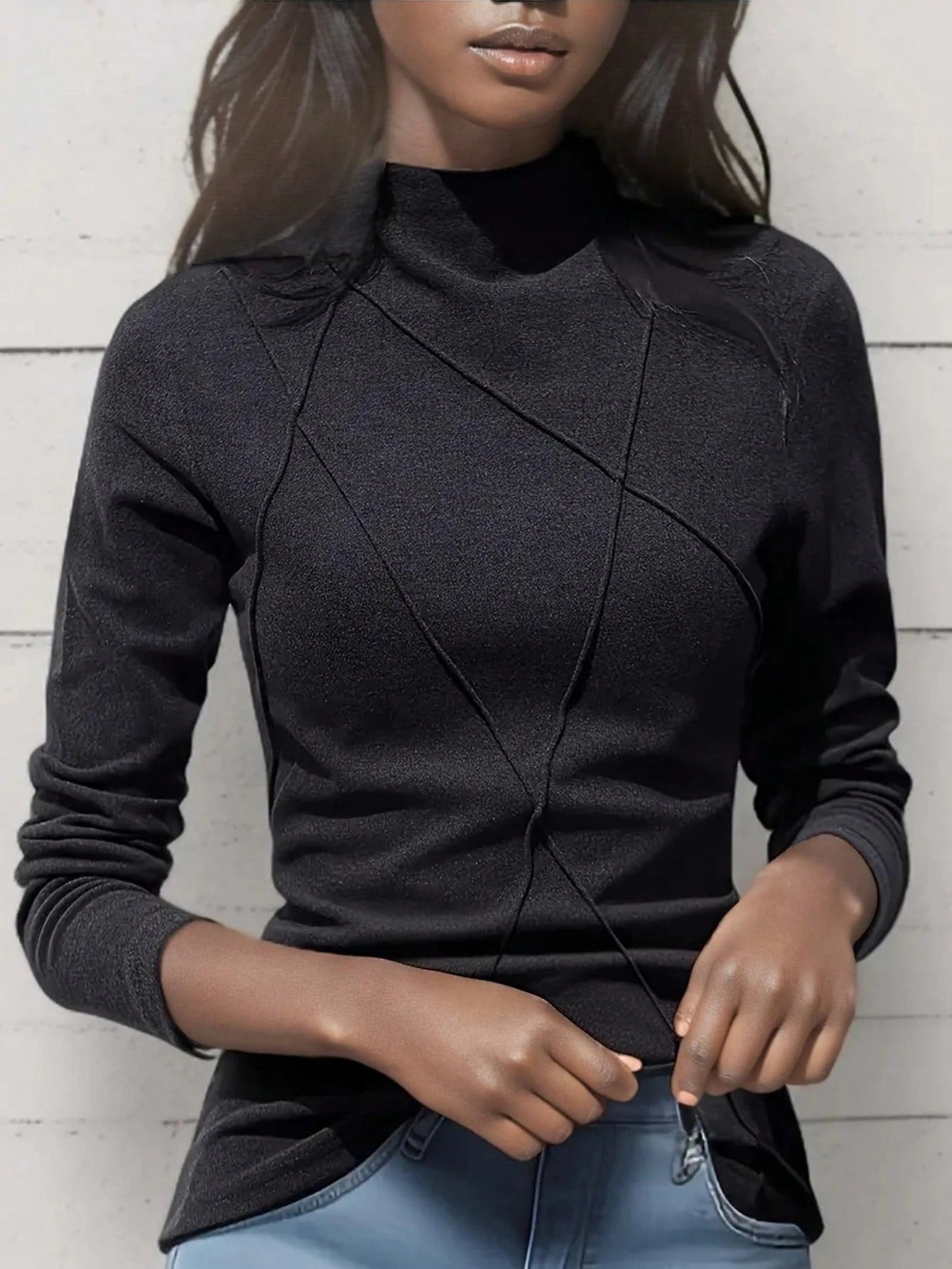 Women's Thicken Fleece Turtleneck Thermal Undershirt, Stylish Splice Rib Knit Design