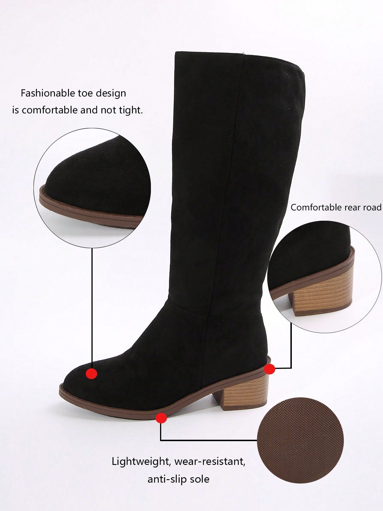 Women's Suede Knee-High Boots With Side Zipper And Chunky Heel