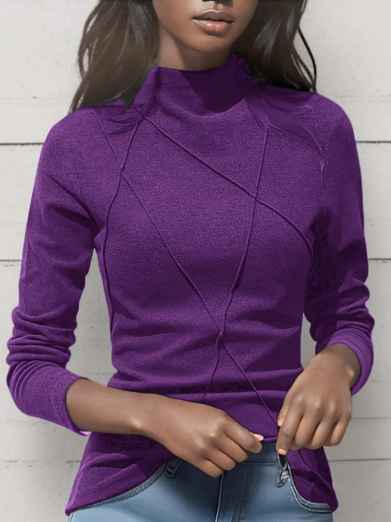 Women's Thicken Fleece Turtleneck Thermal Undershirt, Stylish Splice Rib Knit Design