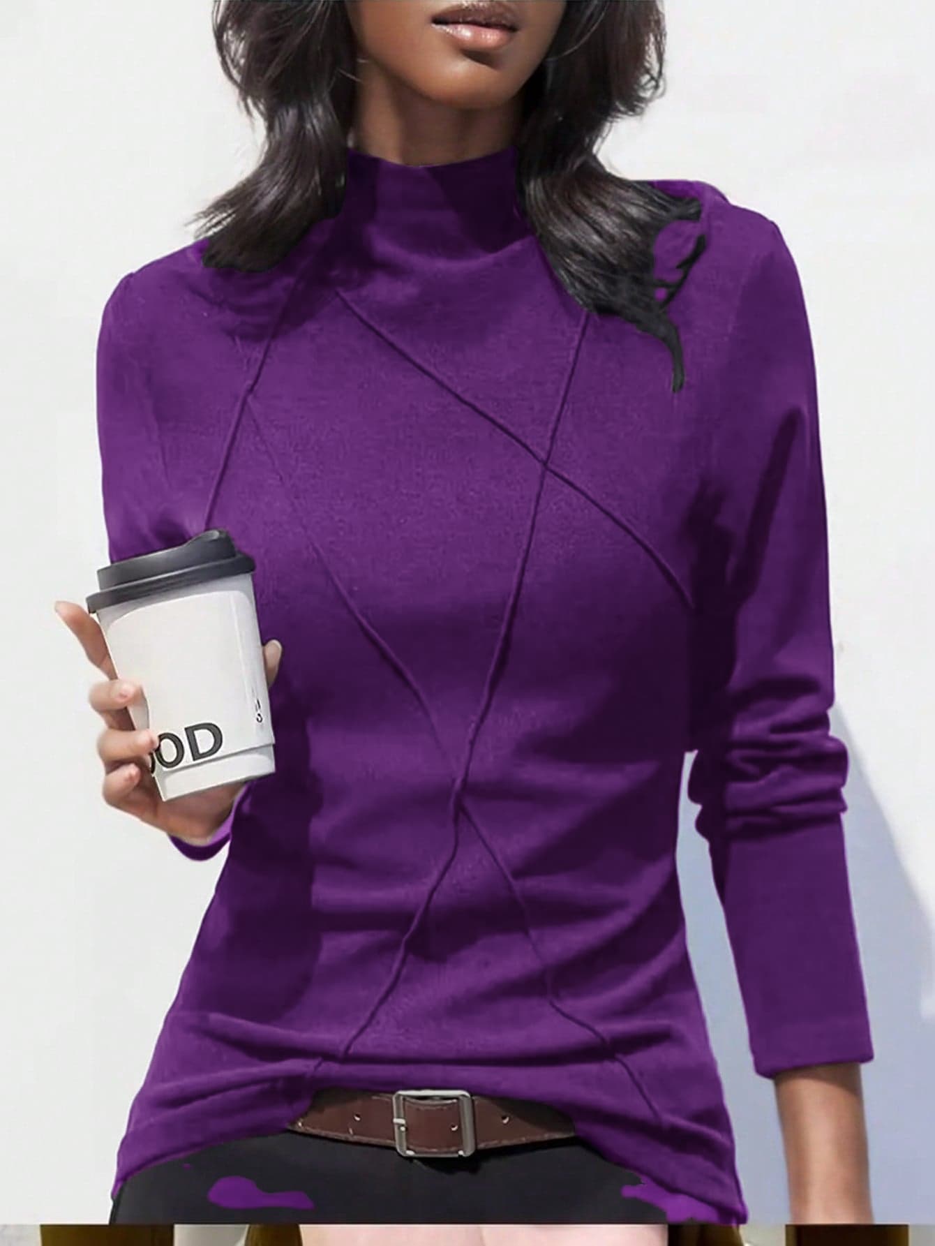 Women's Thicken Fleece Turtleneck Thermal Undershirt, Stylish Splice Rib Knit Design