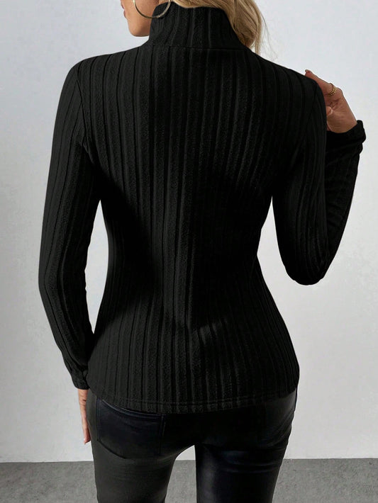 Ribbed Knit Thermal Lined Turtleneck Long Sleeve Top