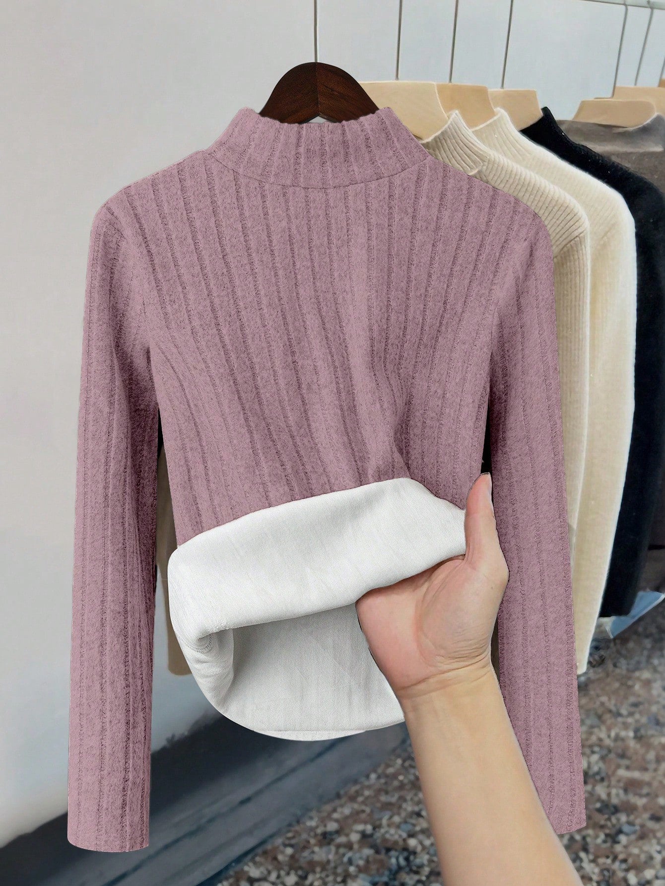 Thermal Lined Slim Fit Women's Casual Mock Neck Long Sleeve T-Shirt