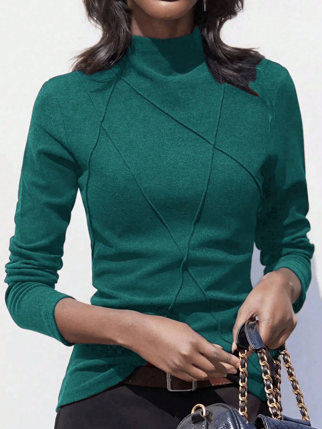 Women's Thicken Fleece Turtleneck Thermal Undershirt, Stylish Splice Rib Knit Design