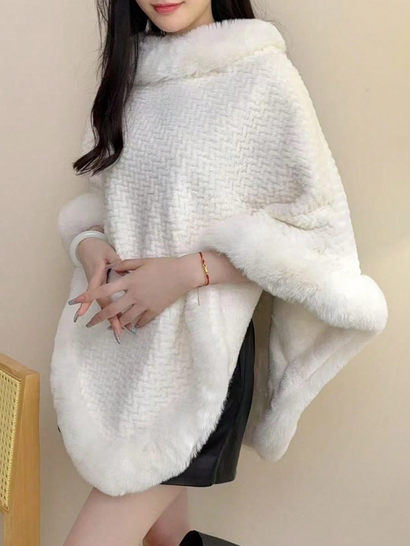 1pc Knitted Textured Women Hooded Poncho Shawl, Soft Faux Rabbit Fur Collar, Loose Fit Autumn/Winter Outerwear Cape For Dress