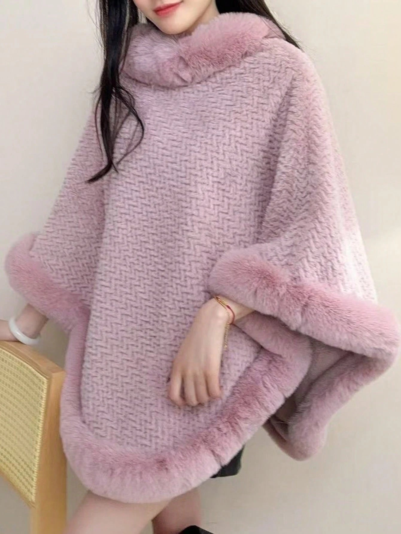 1pc Knitted Textured Women Hooded Poncho Shawl, Soft Faux Rabbit Fur Collar, Loose Fit Autumn/Winter Outerwear Cape For Dress