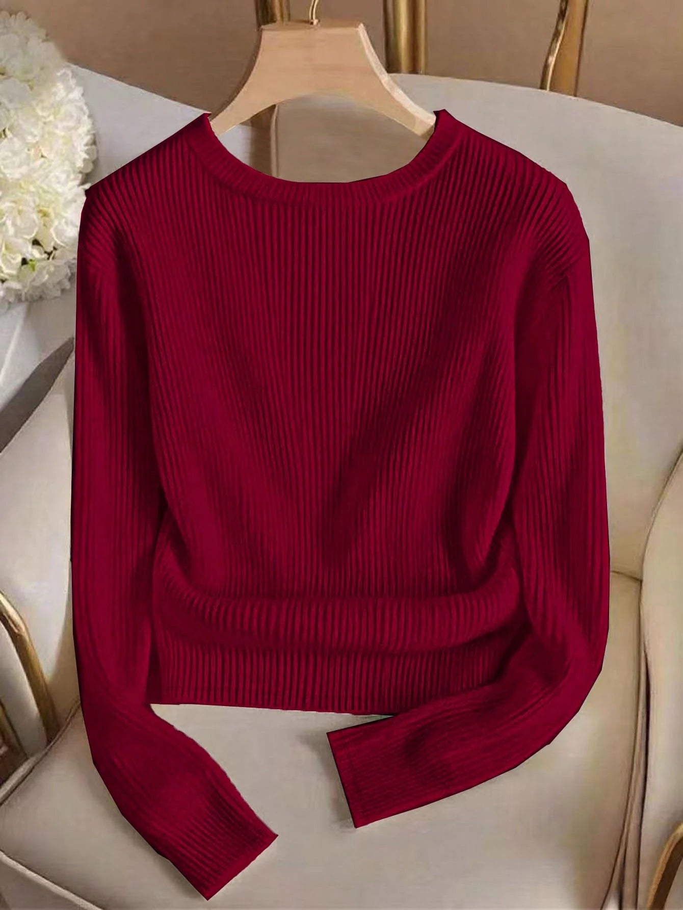 Elegant Round Neck Knit T-Shirt, Minimalist Fashion Knit Top, Autumn/Winter