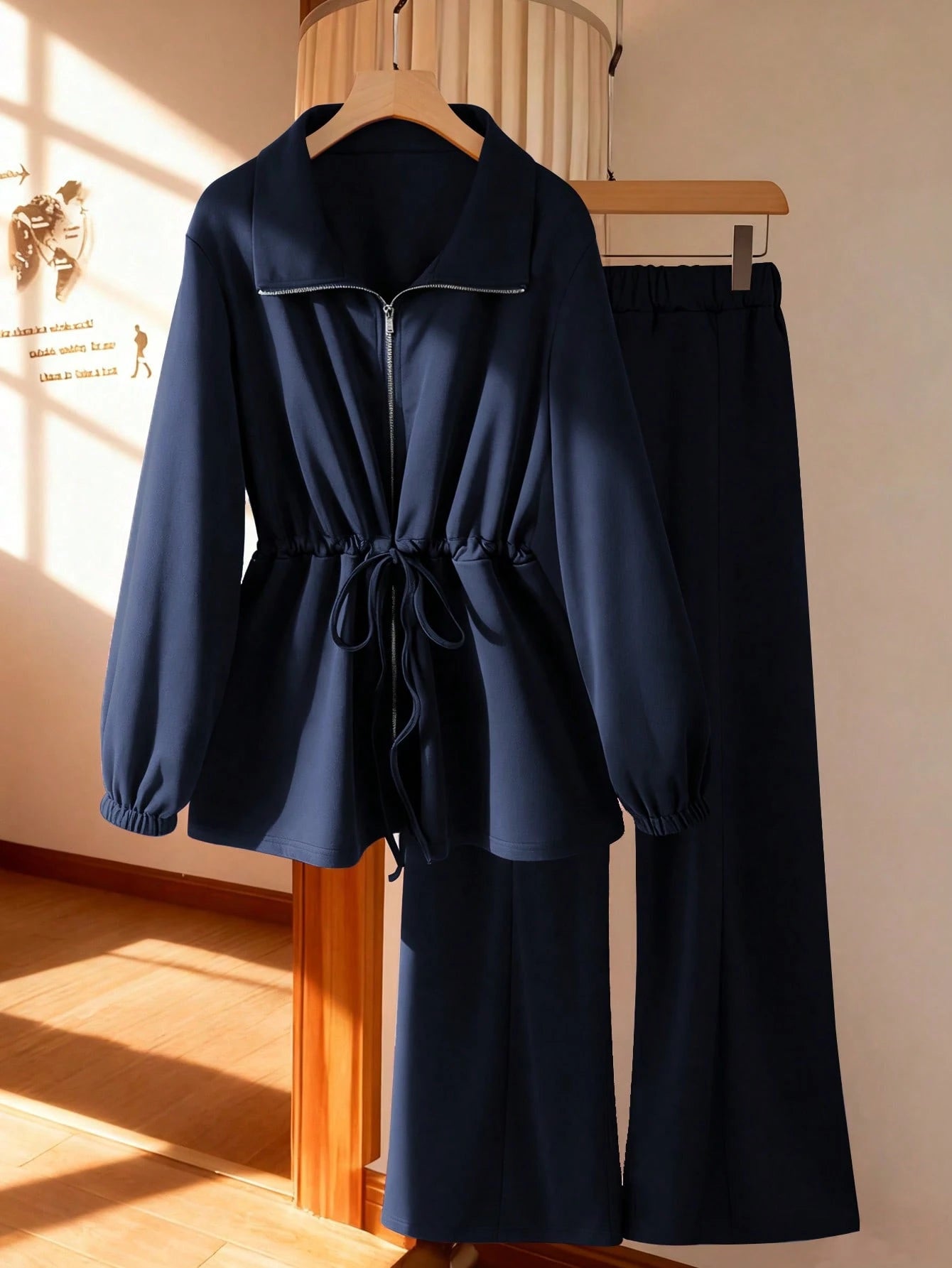 Women's Basic High Collar Cinched Waist Zip-Up Casual Two Pieces Set