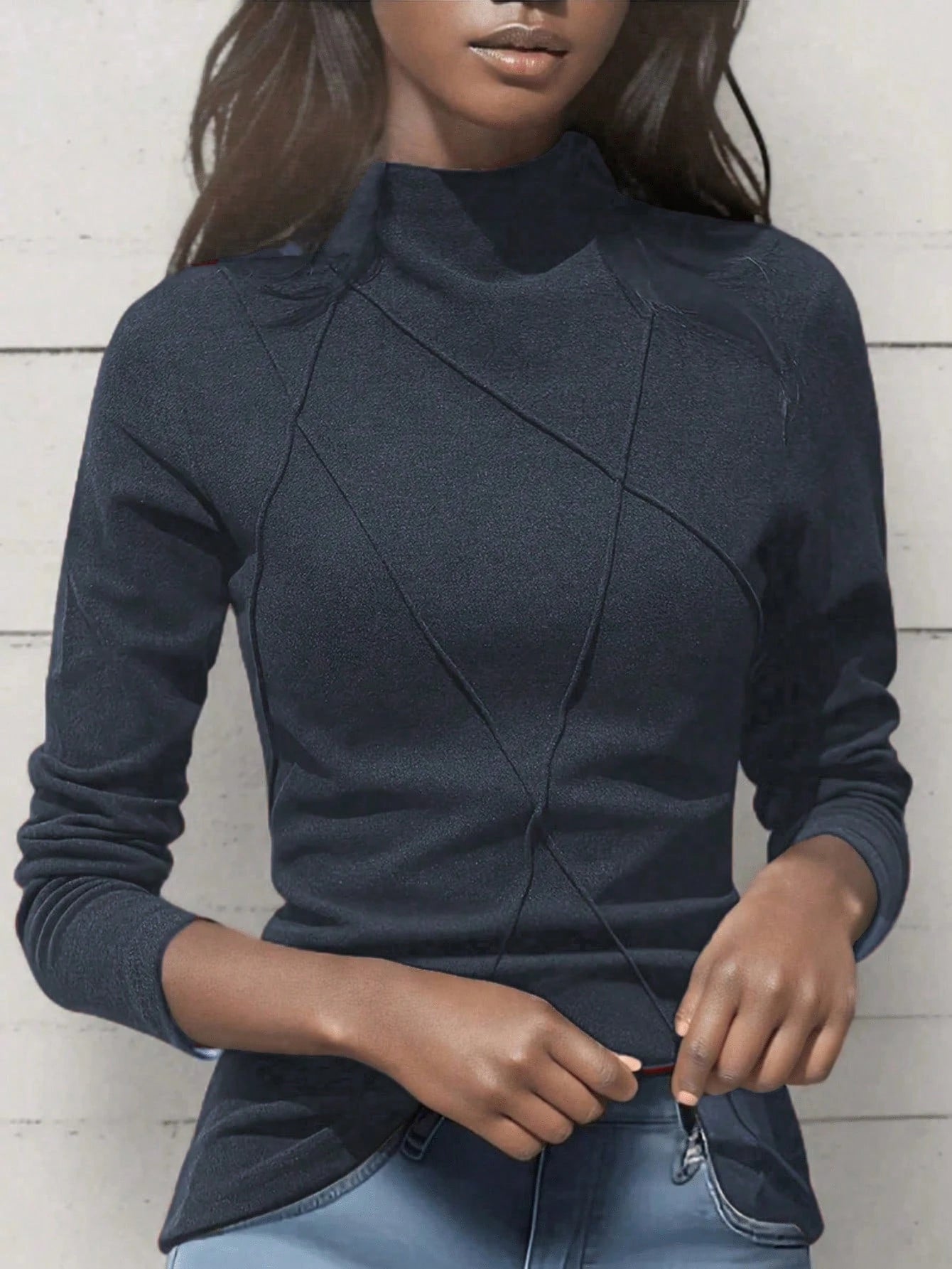 Women's Thicken Fleece Turtleneck Thermal Undershirt, Stylish Splice Rib Knit Design