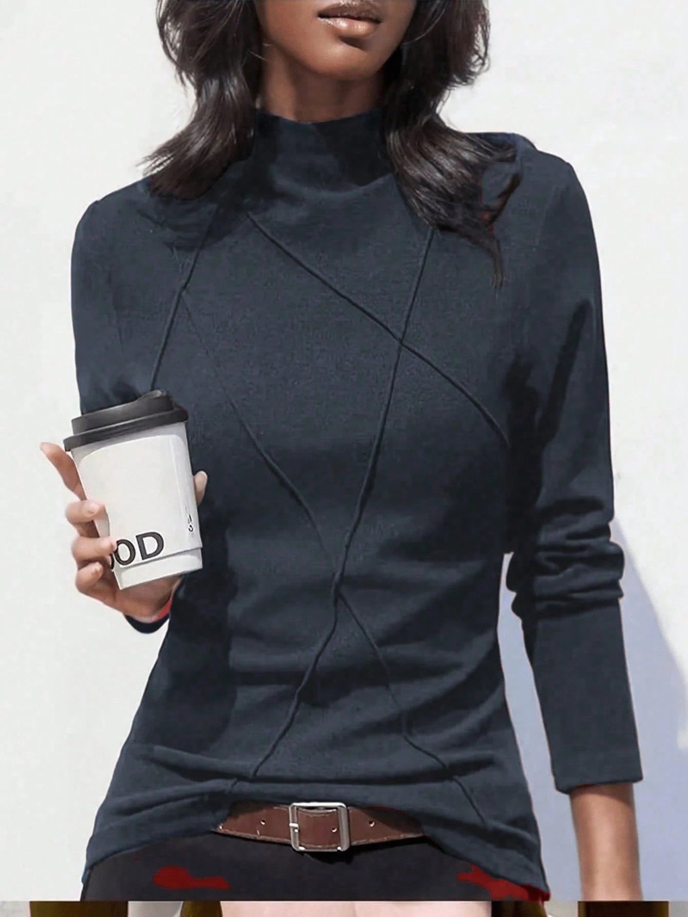 Women's Thicken Fleece Turtleneck Thermal Undershirt, Stylish Splice Rib Knit Design