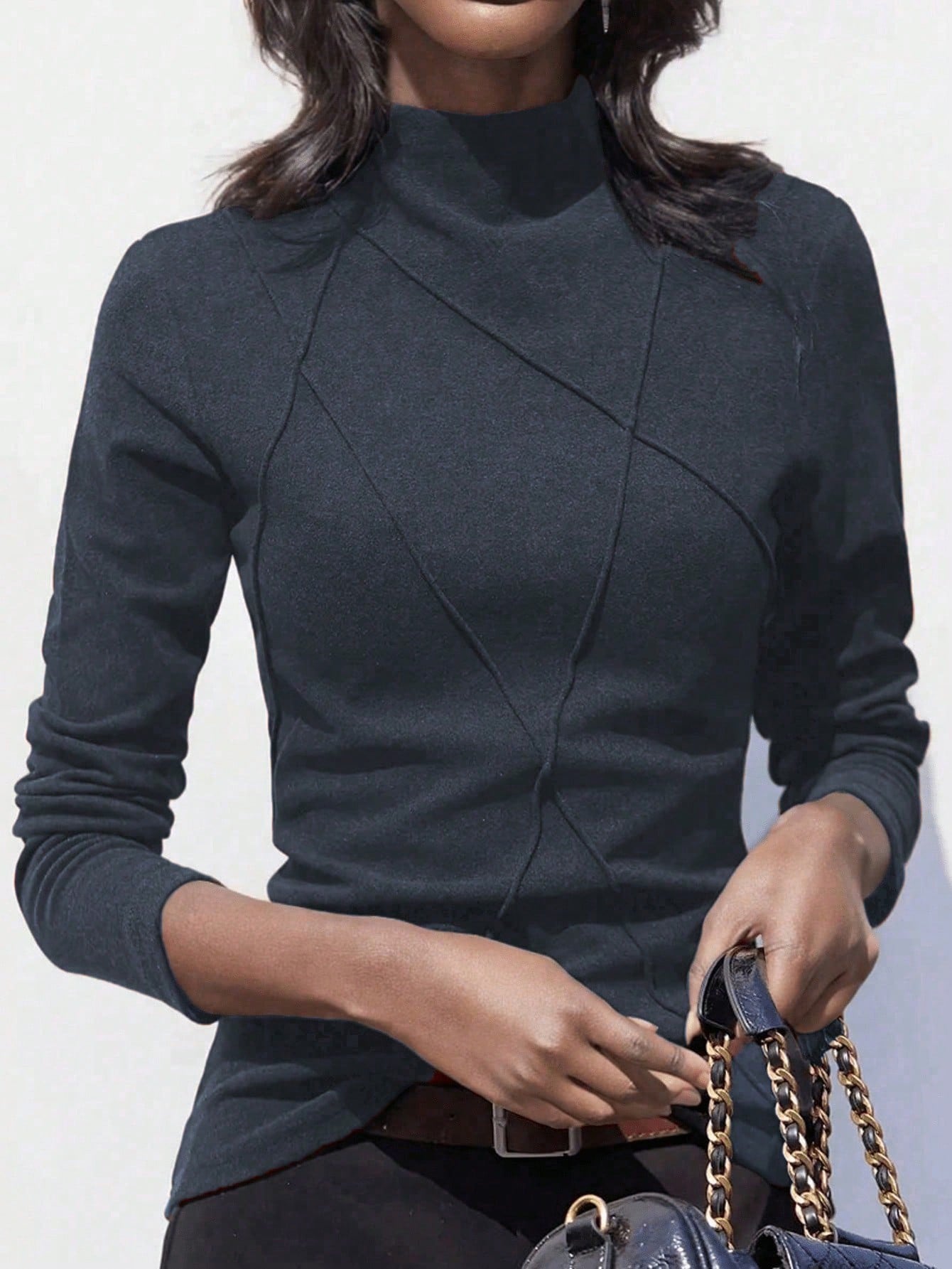 Women's Thicken Fleece Turtleneck Thermal Undershirt, Stylish Splice Rib Knit Design