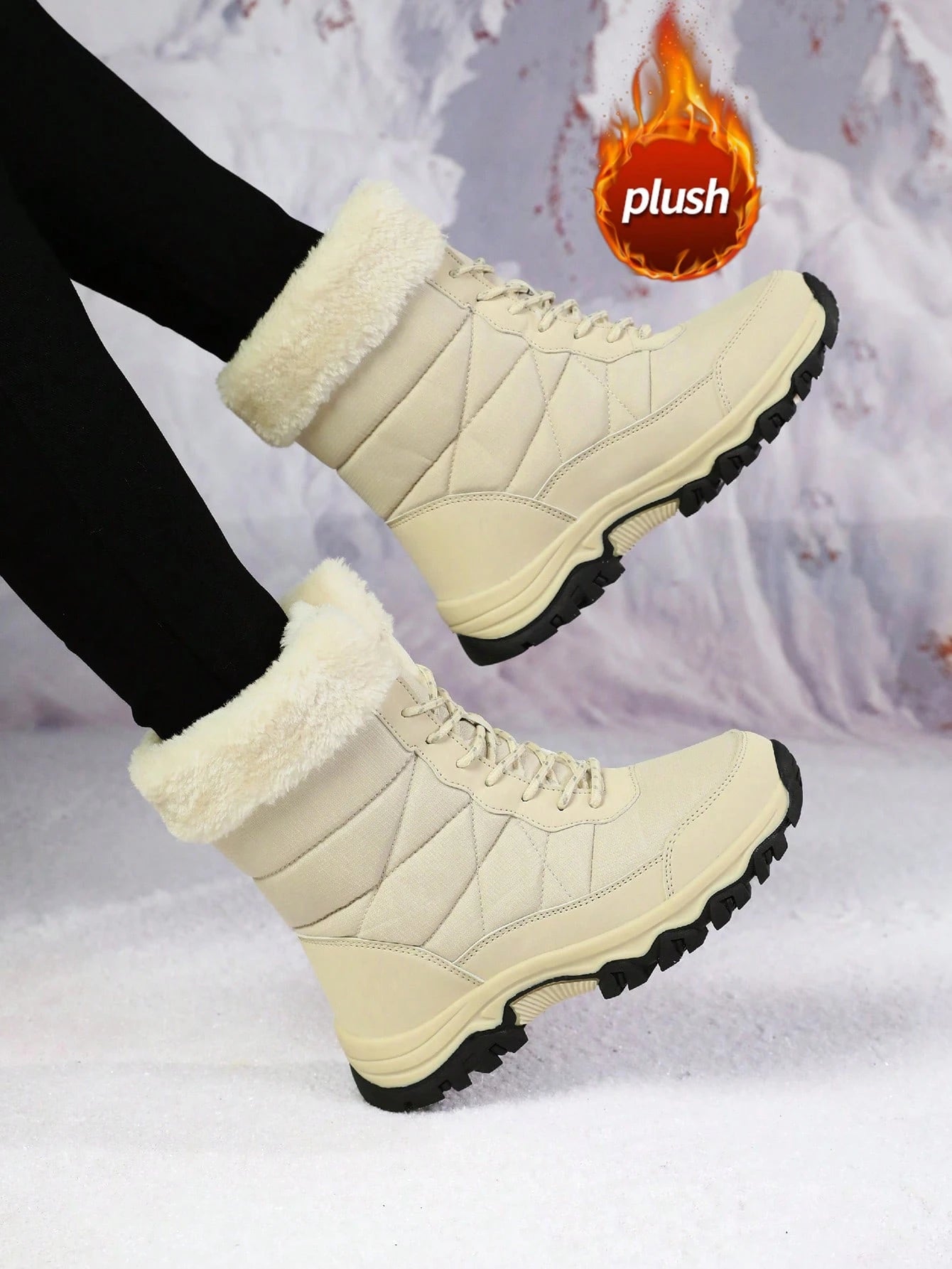 Women's Snow Boots, New Autumn/Winter High-Top Mid-Calf Lace-Up Comfortable Thick-Soled Non-Slip Durable Solid Casual Boots, Fashionable Outdoor Hiking Adventure, Thick Plush Lining, Waterproof Leather Upper, Comfortable And Warm
