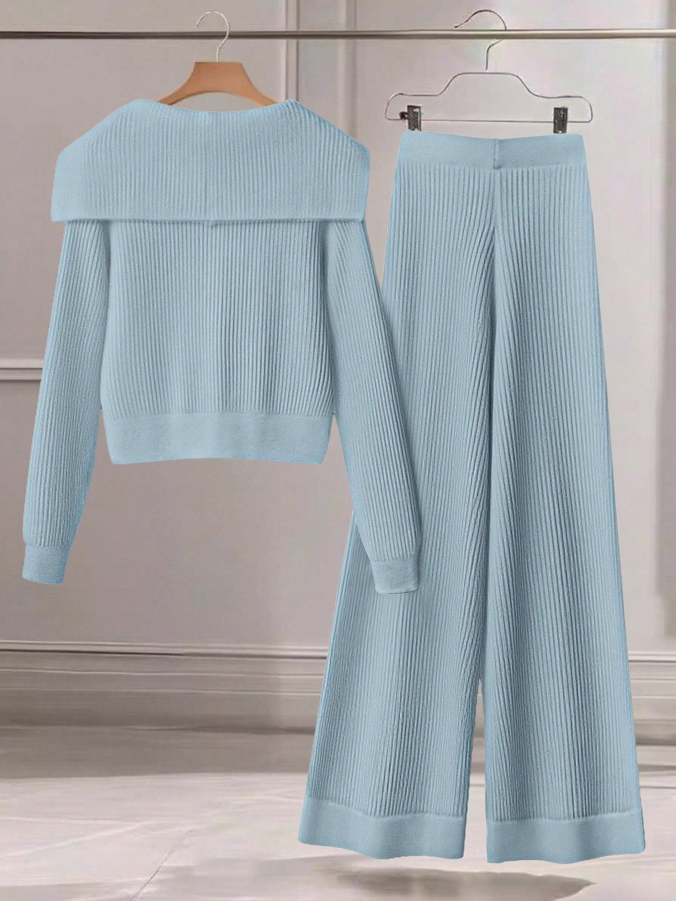 Women Casual Solid Color Knit Sweater Set, Collared Button-Up Cardigan And Front Bow Pocket Knit Pants