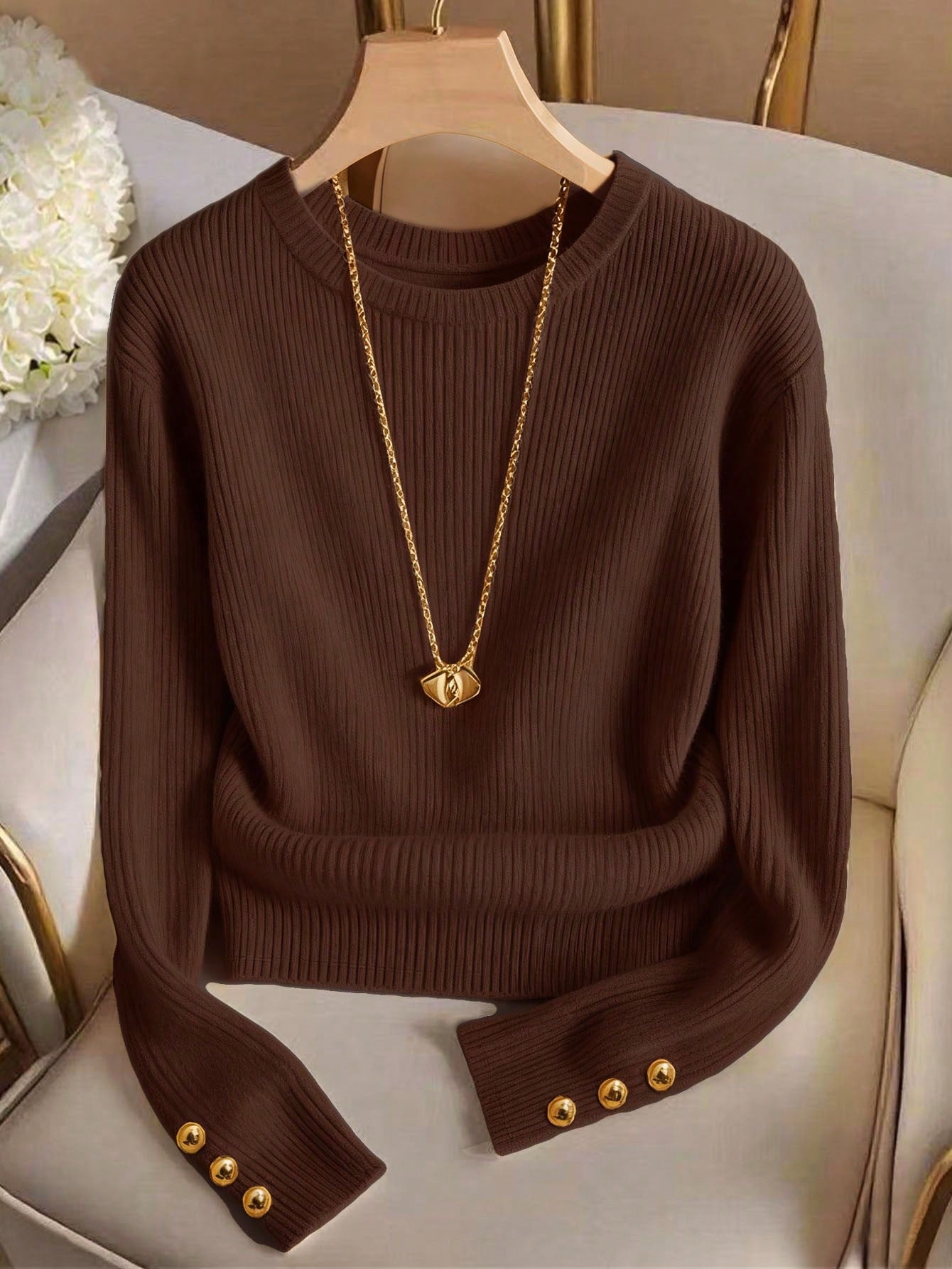 Elegant Round Neck Knit T-Shirt, Minimalist Fashion Knit Top, Autumn/Winter