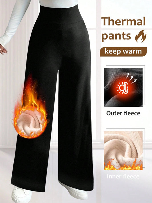 Women's High Waist Fleece Wide Leg Pants - Solid Color, Soft Brushed Comfortable Loose Fit, Warm Design, Casual Pants For Autumn/Winter, Outdoor Versatile Straight Leg Trousers With Elastic Waistband