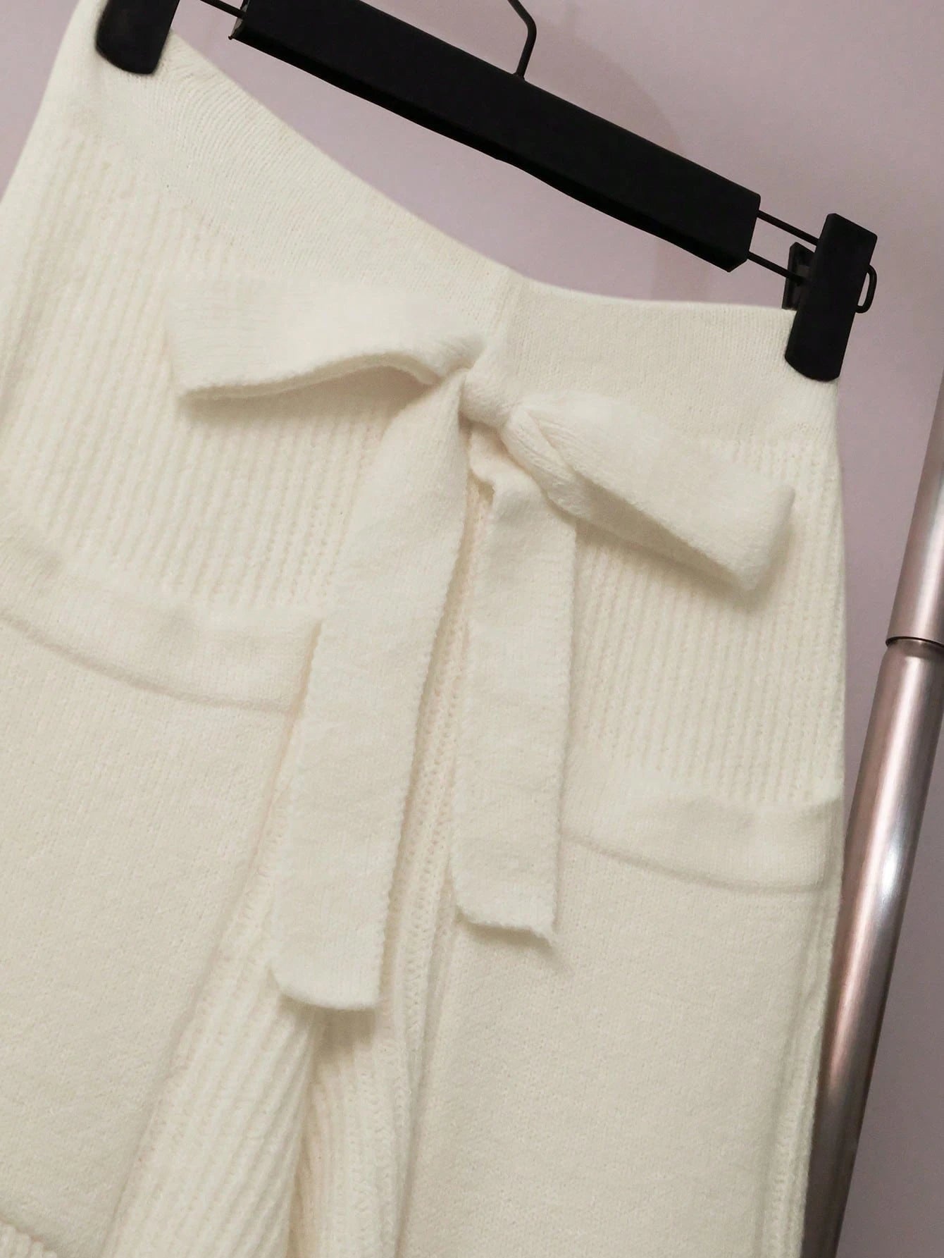 Women Casual Solid Color Knit Sweater Set, Collared Button-Up Cardigan And Front Bow Pocket Knit Pants