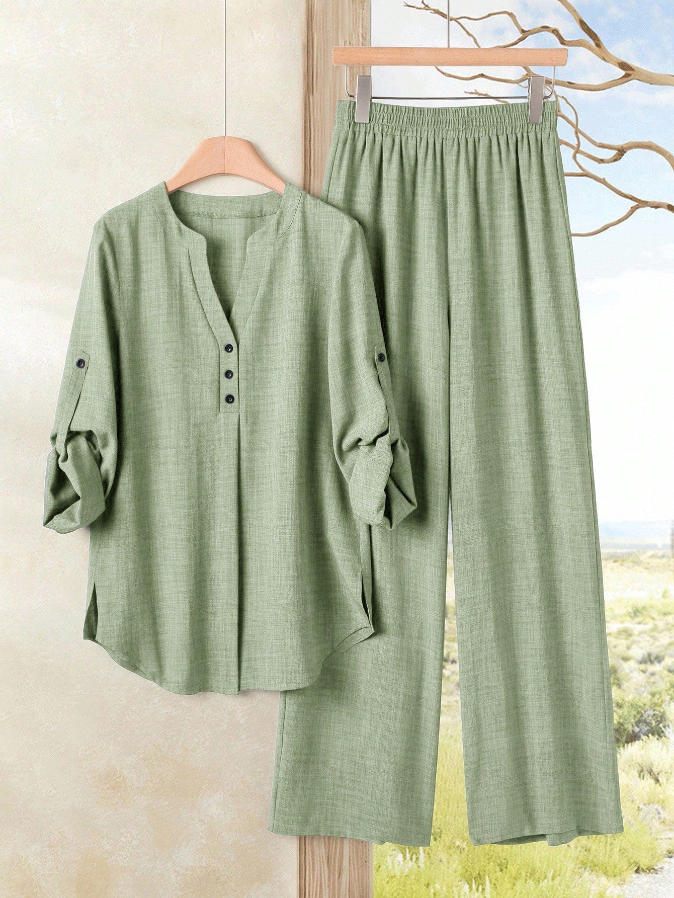 Women's Casual Solid Color Notched Neck Ruffle Sleeve Top And Elastic Waist Wide Leg Pants Set