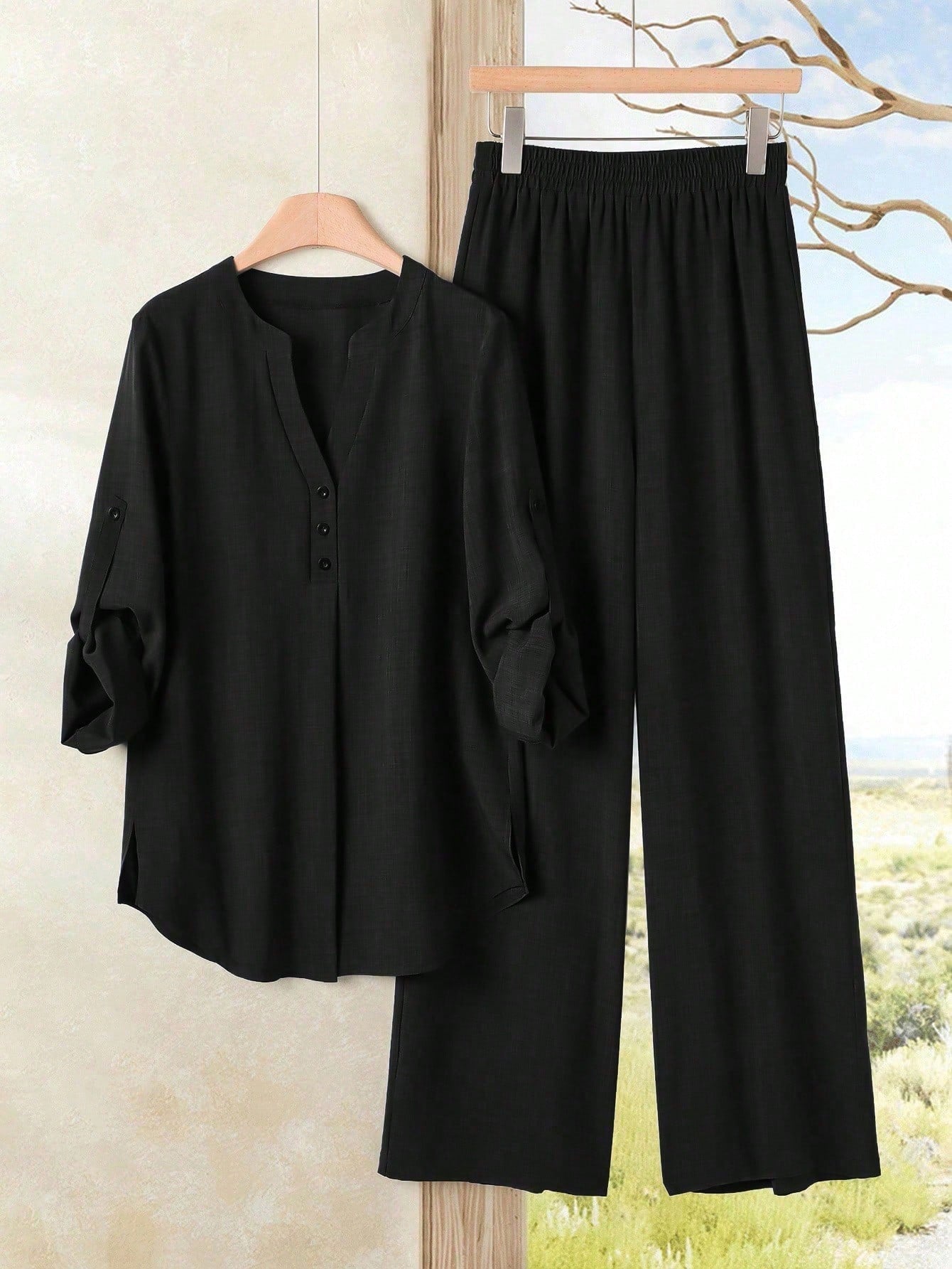 Women's Casual Solid Color Notched Neck Ruffle Sleeve Top And Elastic Waist Wide Leg Pants Set