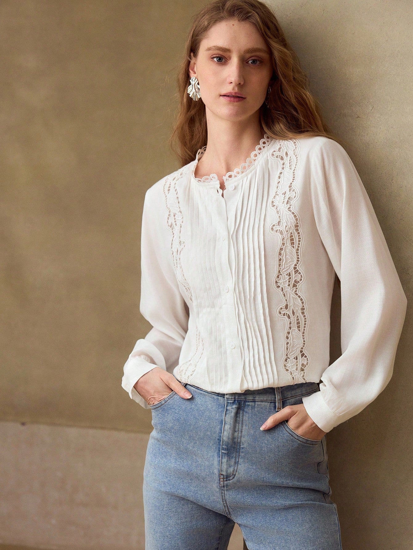 Premium Women's Perforated Embroidered Pleated Cotton Linen Blouse