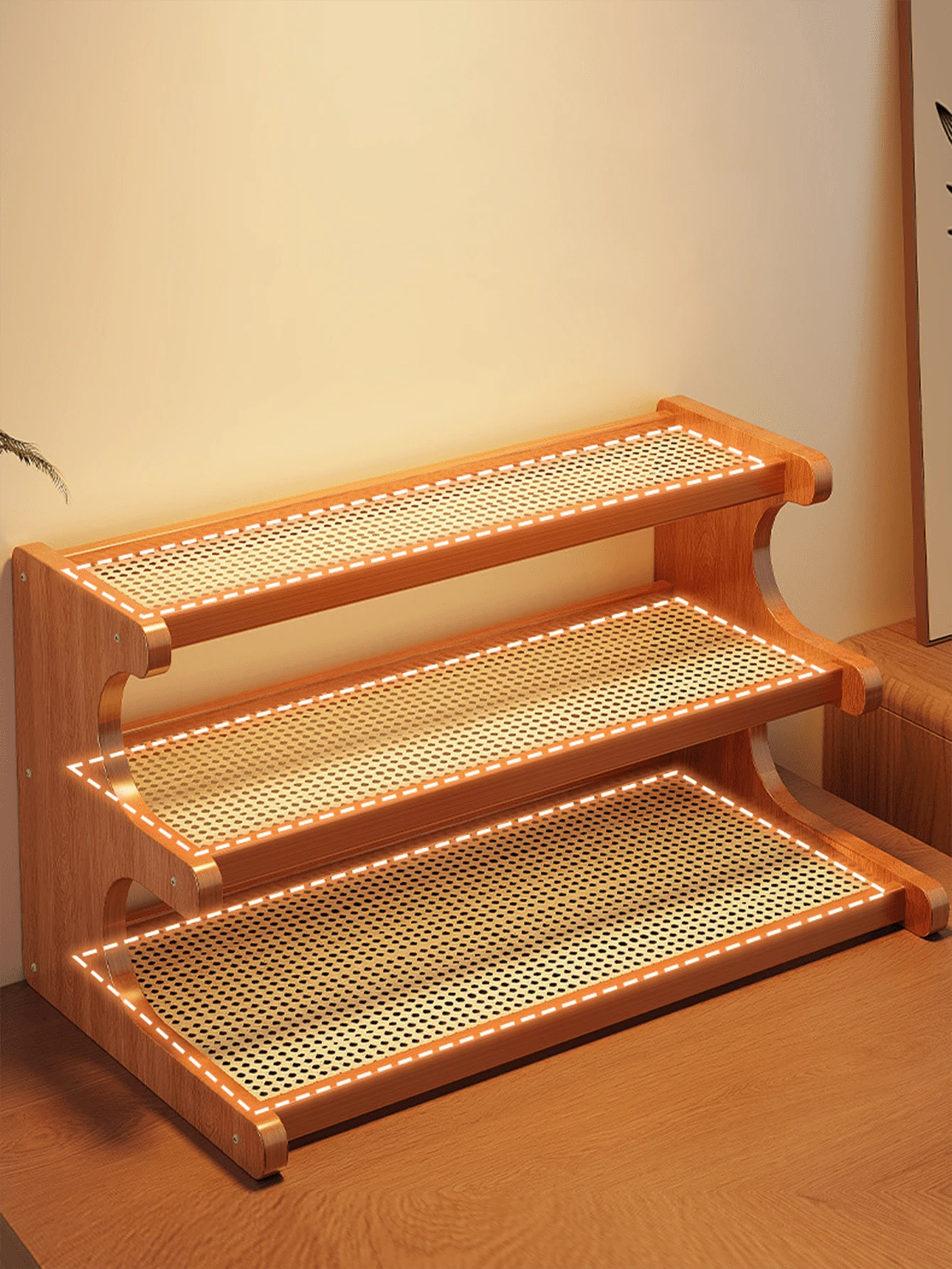 Wooden Trapezoidal Rattan Multi-Tiered Storage Shelf, Bookshelf, Kitchen And Office Use, Home Essentials