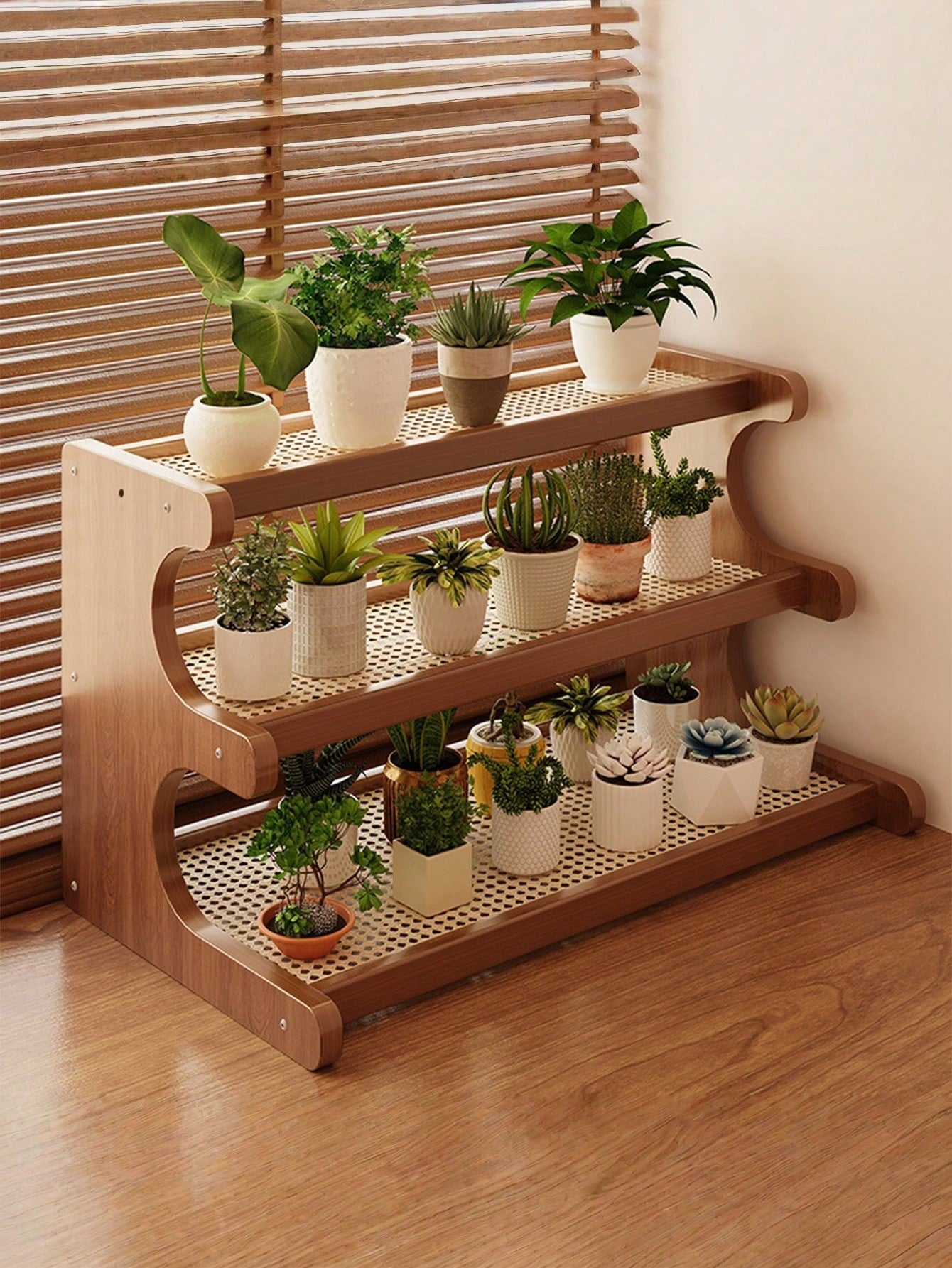 Wooden Trapezoidal Rattan Multi-Tiered Storage Shelf, Bookshelf, Kitchen And Office Use, Home Essentials