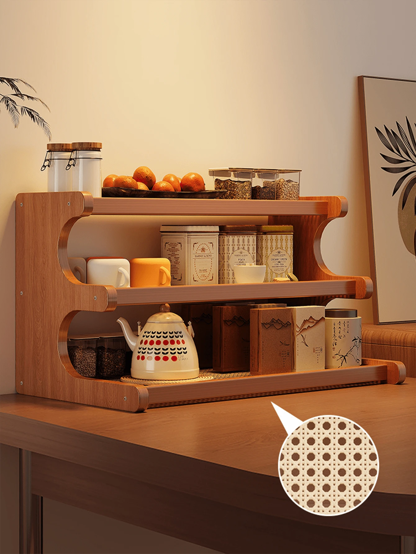 Wooden Trapezoidal Rattan Multi-Tiered Storage Shelf, Bookshelf, Kitchen And Office Use, Home Essentials