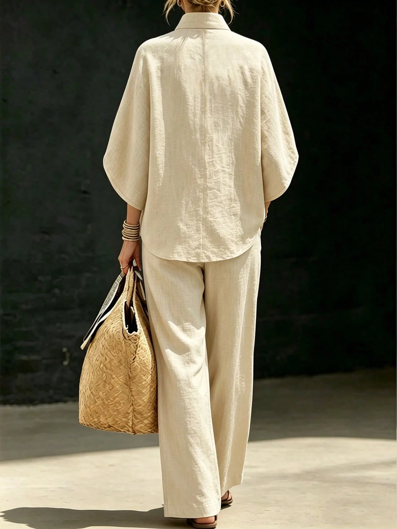 2pcs Apricot Vacation Set, Top And Wide-Leg Pants, Women's Countryside Style Elegant Outfit