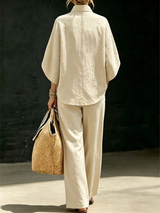 2pcs Apricot Vacation Set, Top And Wide-Leg Pants, Women's Countryside Style Elegant Outfit