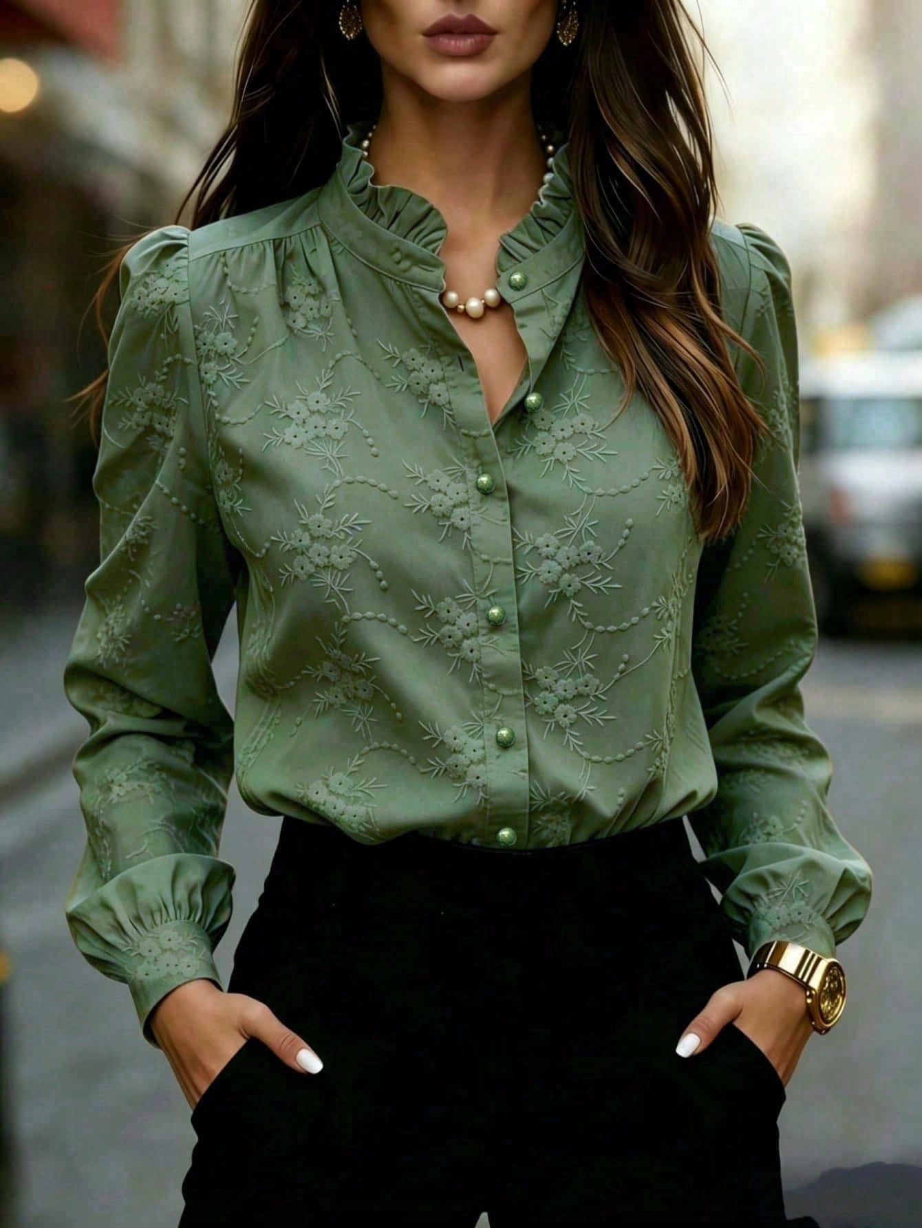 Women's Solid Color Long Sleeve Shirt With Floral Embroidery