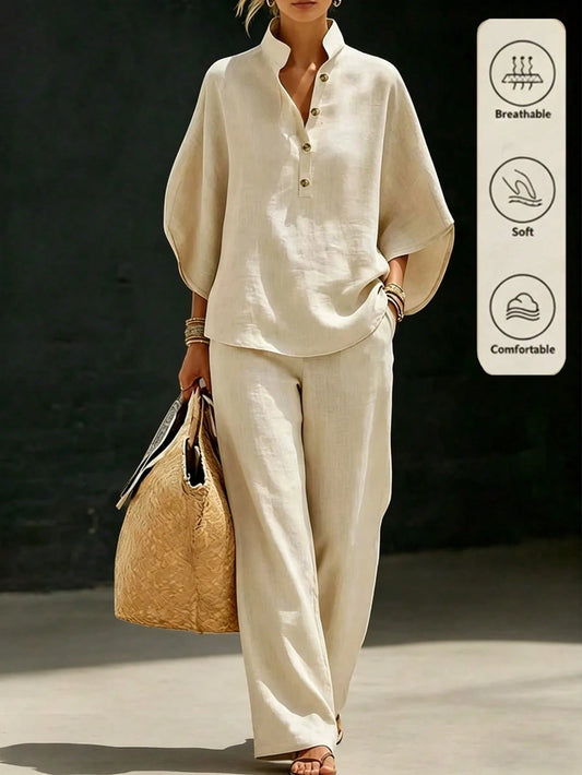 2pcs Apricot Vacation Set, Top And Wide-Leg Pants, Women's Countryside Style Elegant Outfit