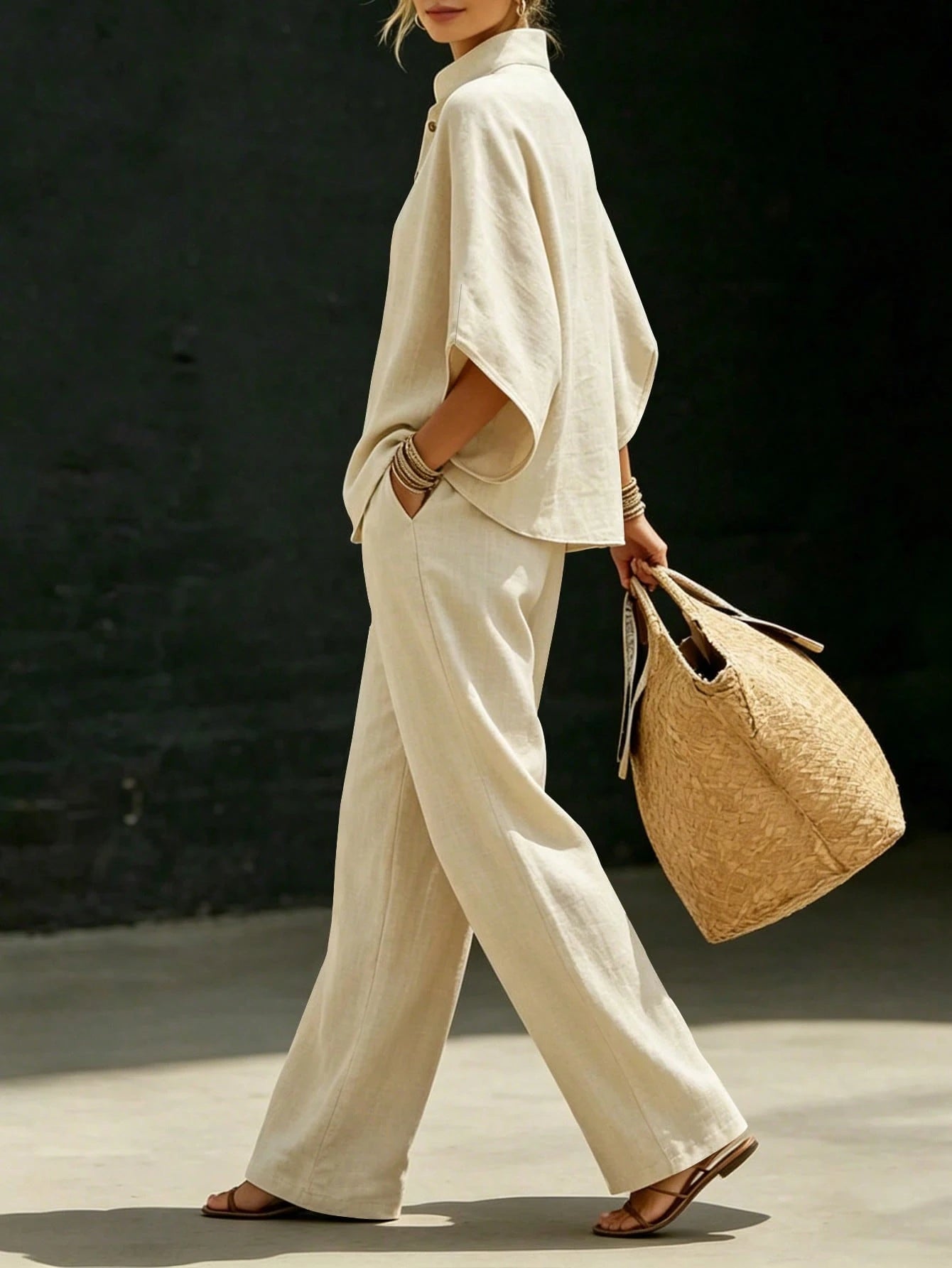 2pcs Apricot Vacation Set, Top And Wide-Leg Pants, Women's Countryside Style Elegant Outfit