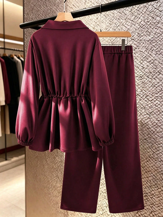 Women's Basic High Collar Cinched Waist Zip-Up Casual Two Pieces Set