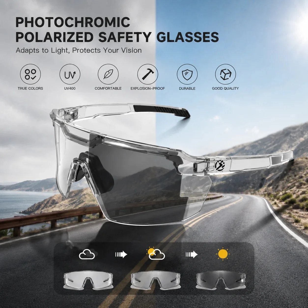 UV400 Photochromic Polarized Safety Glasses – Impact Resistant Outdoor Sports & Work Eyewear