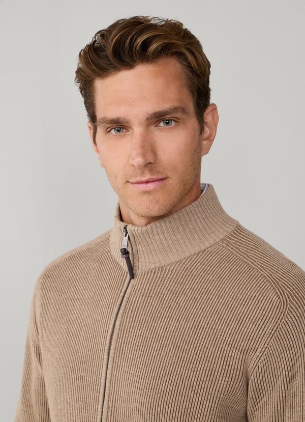 Wool-Cotton Bi-Colour Full-Zip Cardigan