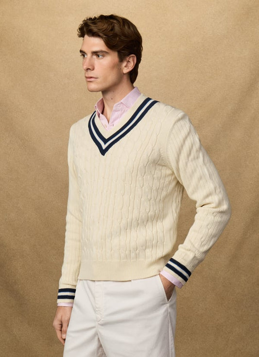 Cricket Cable Knit V-Neck Jumper