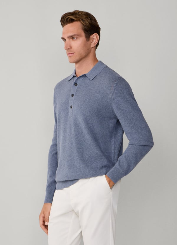 Merino Wool Textured Long Sleeve Knitted Polo