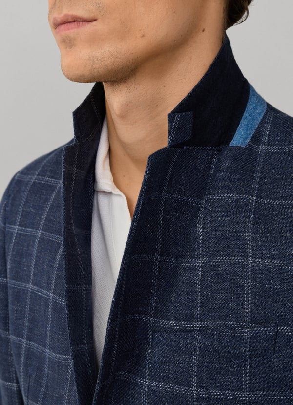 Linen-Cotton Windowpane Check Blazer