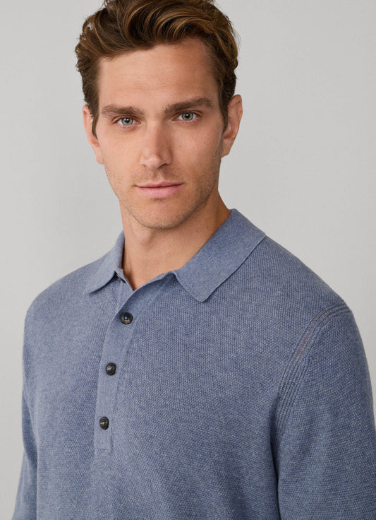 Merino Wool Textured Long Sleeve Knitted Polo