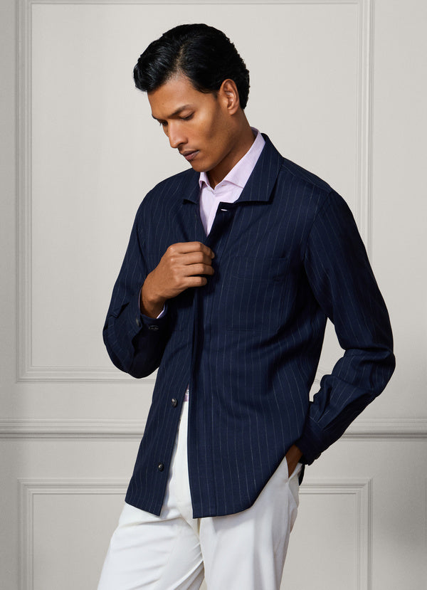 Wool-Silk Striped Overshirt - Woven In Italy