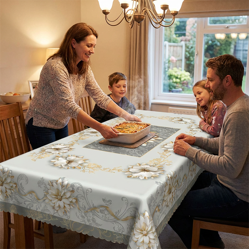 Elegant Waterproof Embossed Floral Tablecloth