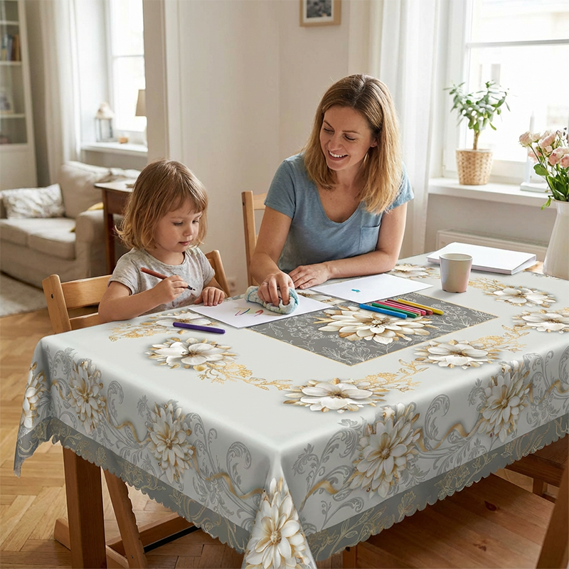 Elegant Waterproof Embossed Floral Tablecloth